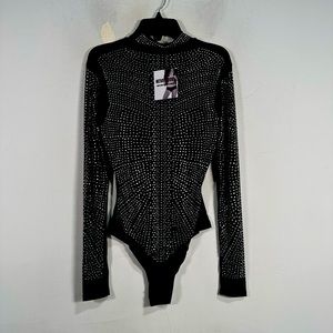 Neva Nude Toxic Sparkle Crystal Mesh LS Bodysuit, Women's Size S - Black